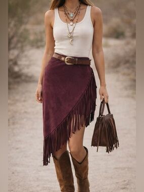 Express Burgundy Fringe Wrap Skirt Festival Boho Western Y2K